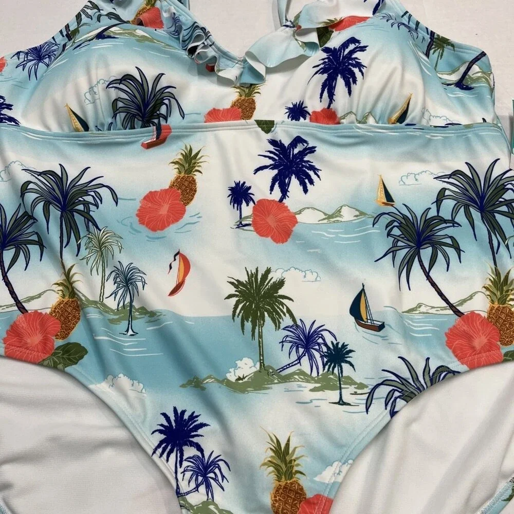 Outdoor‎ Oasis Swimsuit Womens 2X Tropical Island Print 1 Piece Vacation Beach